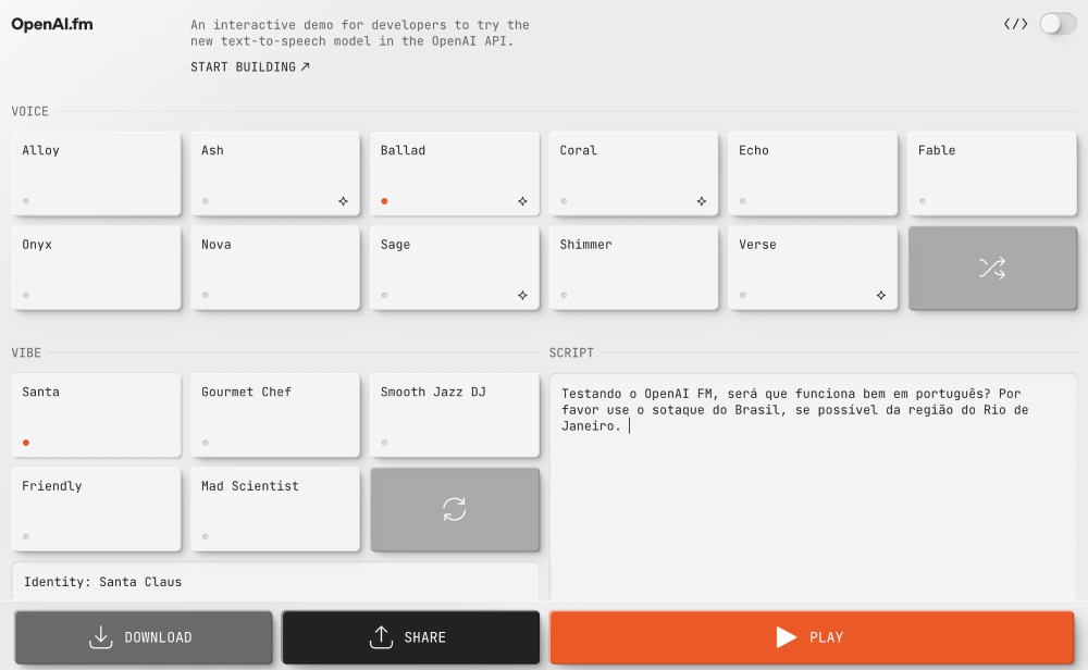 Captura de tela do OpenAI FM