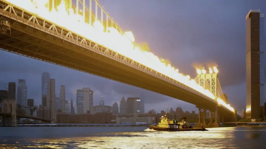 Imagem gerada com o Runway Gen-4 mostra uma ponte queimando